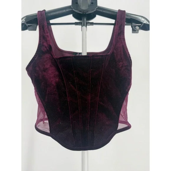 Burgundy Velvet Corset Top Mesh Panel Bustier Crop Tank Y2K Clubwear Soft - Picture 1 of 6